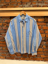 Load image into Gallery viewer, True Vintage Distressed Striped Loop Collar Button Up Shirt (M)
