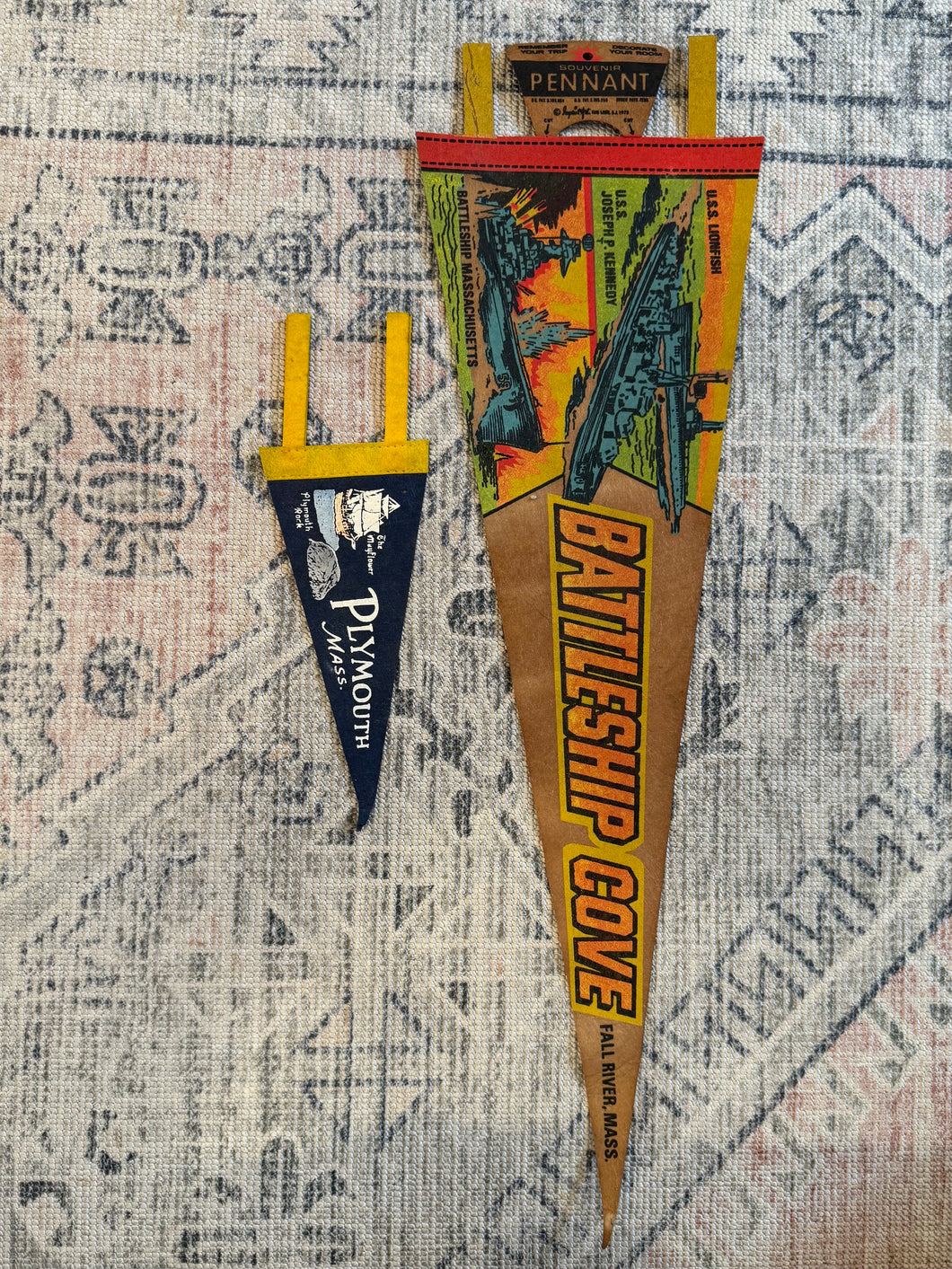 Lot of 2 Vintage Pennants - Battleship Cove and Plymouth Massachusetts