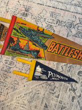 Load image into Gallery viewer, Lot of 2 Vintage Pennants - Battleship Cove and Plymouth Massachusetts
