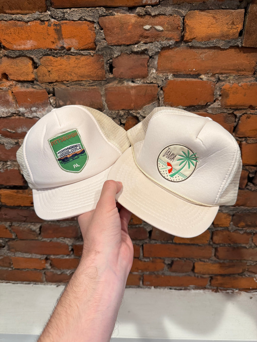 Lot of 2 Vintage 80s White Trucker Hats - Pittsburgh and Tampa